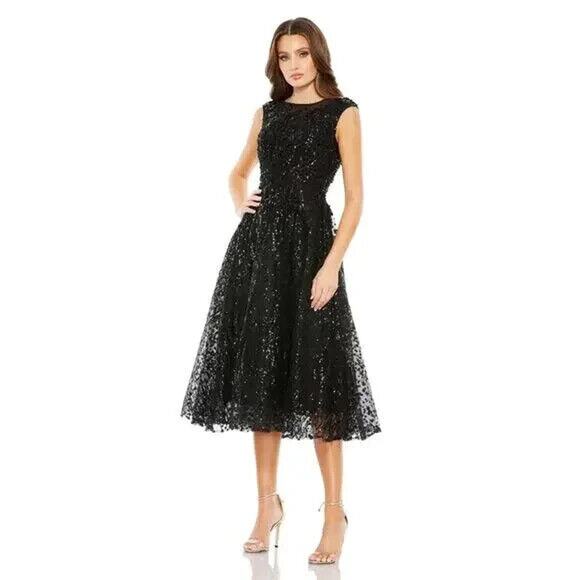 NWT Mac Duggal 20398‎ Sequin Cap Sleeve Fit & Flare Midi Dress Black - Picture 1 of 6